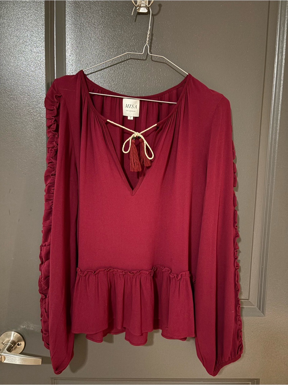 Misa Los Angeles Burgundy Tassel V-Neck Ruffle Blouse
